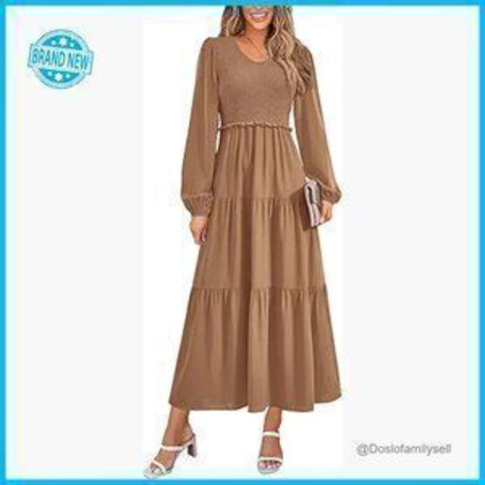 Long Sleeve V Neck Smocked Midi Dress Elegant Boho Wedding Guest Flowy